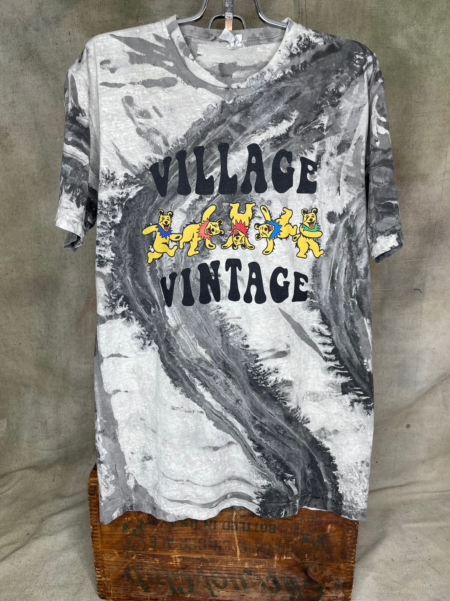 Village Vintage Frolicking Bear Logo on Custom Dyed Shirt Grey M