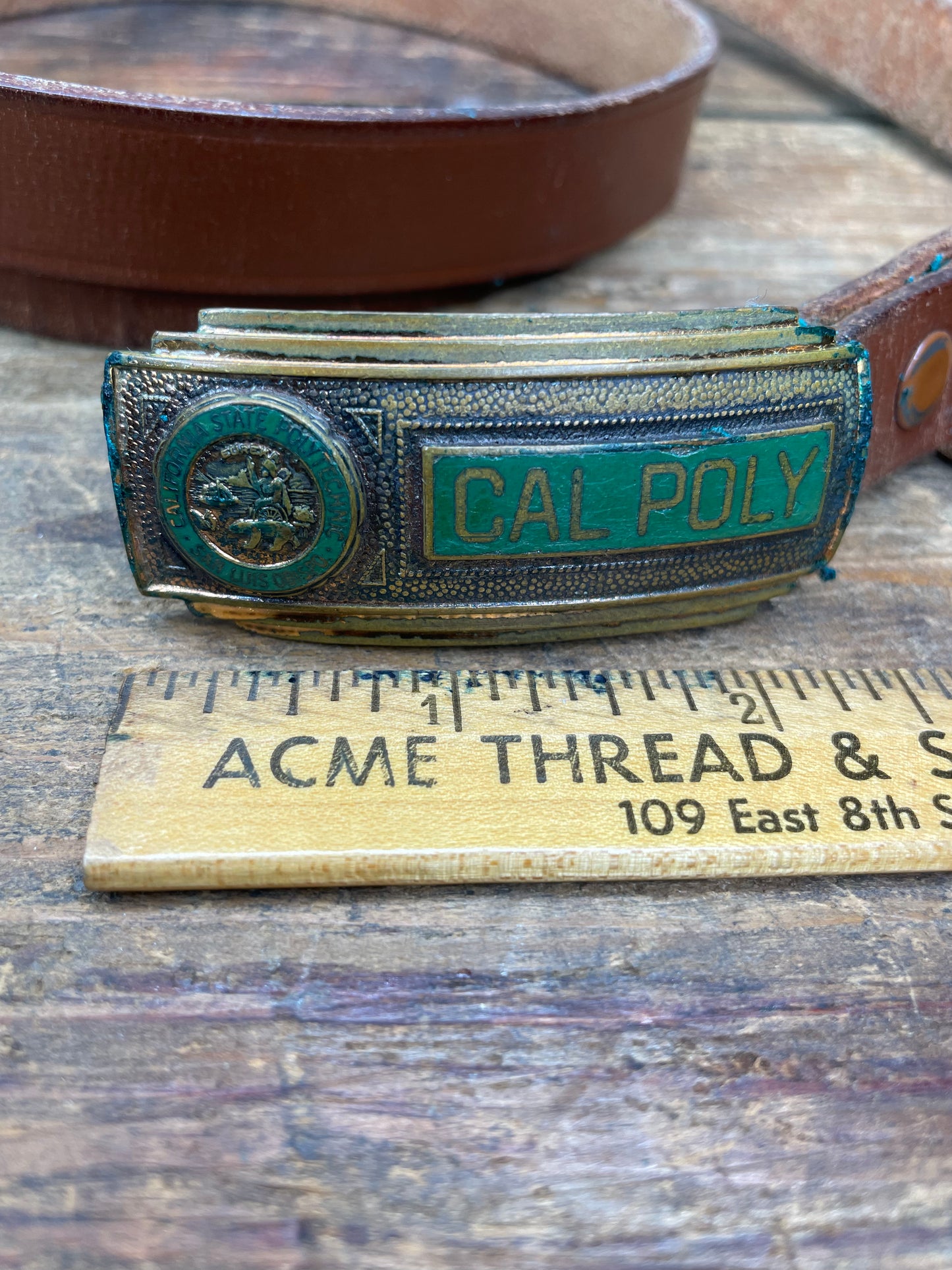 Vintage 1950s Cal Poly University Small Brass Enamel Belt Buckle