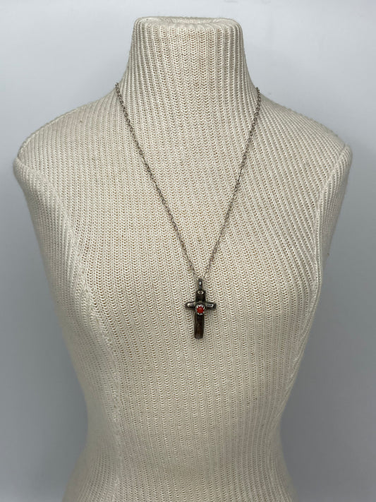 Vintage Small Coral Sterling Silver Cross Pendant W/ 18" Sterling Chain
