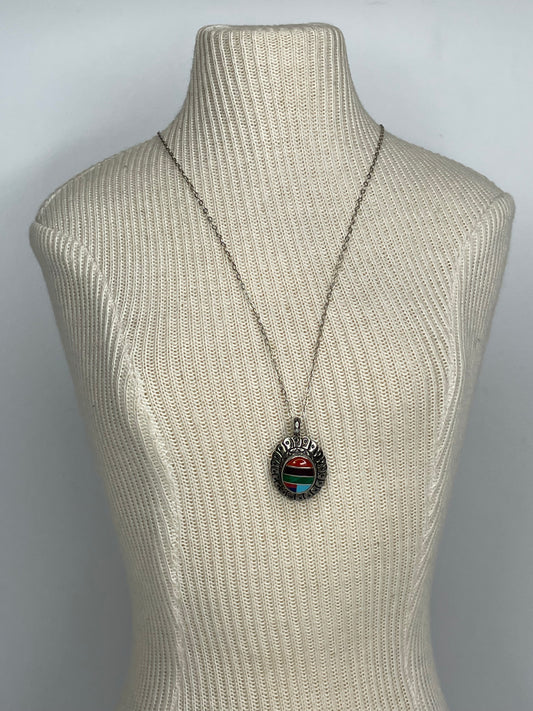 Vintage Inlay Turquoise Onyx Coral Malachite Lapis Sterling Silver Round Pendant W/ Sterling Chain