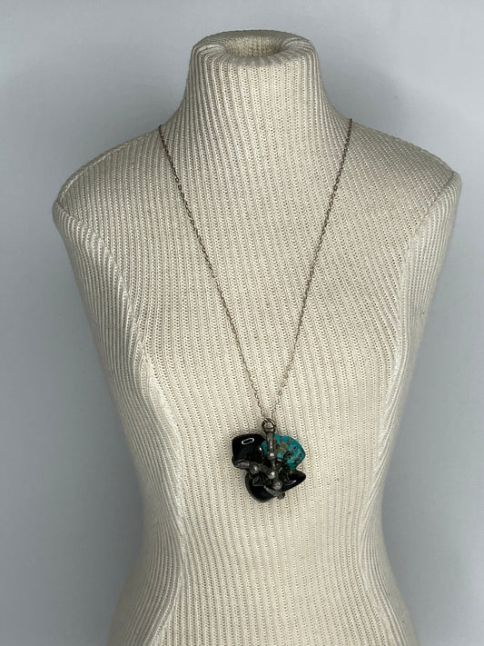 Vintage Turquoise Onyx Nugget Sterling Silver Medieval Pendant W/ Sterling Chain