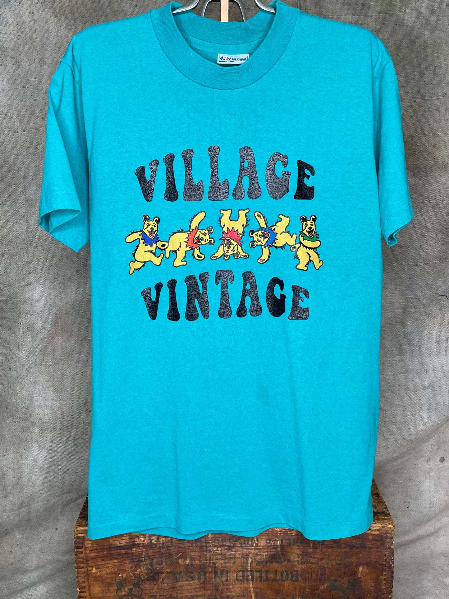 Village Vintage Frolicking Bear Logo on Hand Sourced Vintage Blank Shirt S/M