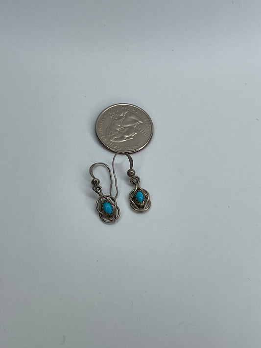 Vintage Sterling Silver Turquoise Native Saw Tooth Dangle Earrings