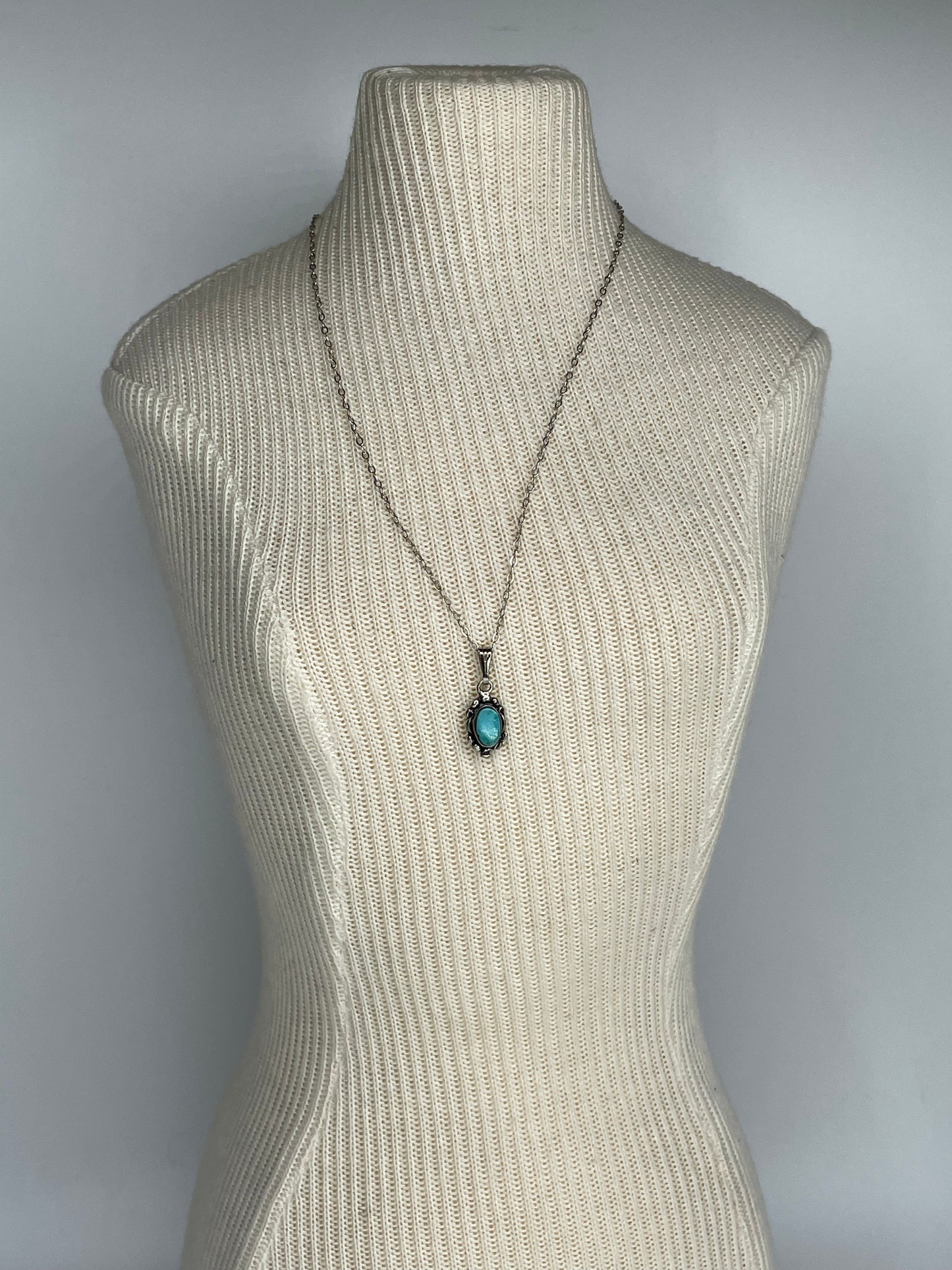 Vintage Small Turquoise Sterling Silver Pendant W/ Sterling Chain