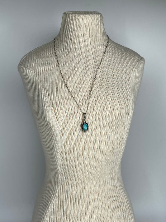 Vintage Small Turquoise Sterling Silver Pendant W/ Sterling Chain