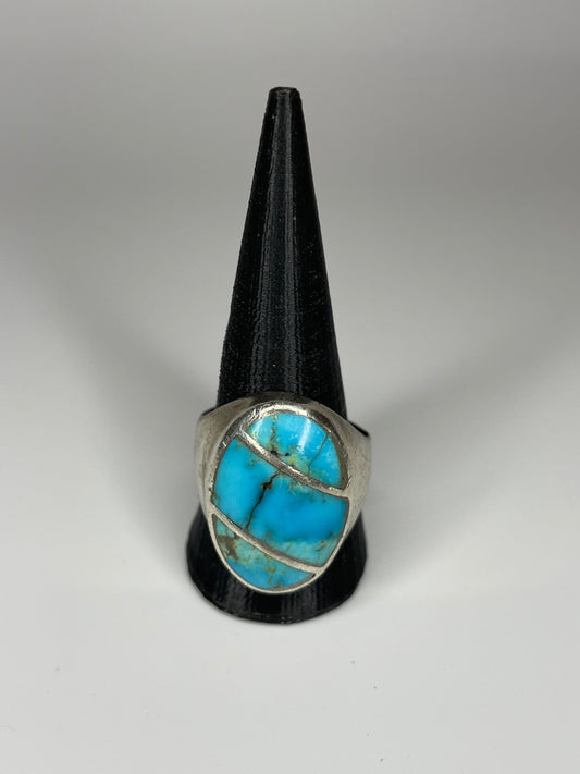 Vintage Sterling Silver Turquoise Inlay Mens Ring Sz 11